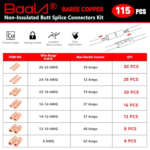 BAALA 115 PCS Non Insulated Butt Connectors Kit Pure Copper, 26-8 Gauge Butt Splice Connector Wire Connectors, Seamless Barrel Crimping Butt Terminals - color: Bare Copper