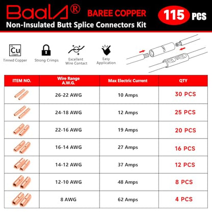 BAALA 115 PCS Non Insulated Butt Connectors Kit Pure Copper, 26-8 Gauge Butt Splice Connector Wire Connectors, Seamless Barrel Crimping Butt Terminals - color: Bare Copper