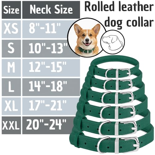 OOPSDOGGY Rolled Leather Dog Collar Reflective – Genuine Leather Round Dog Collar for Small Medium Large Dogs (Emerald Green, 8" - 11") - color: Emerald Green, size: 8" - 11"