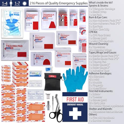 First Aid Kits - Compact First Aid Kit with Labelled Compartments Molle System Premium Emergency Kits for Home, Office, Car, Outdoor, Hiking, Travel, Camping - 216 piece - size: Medium Kit