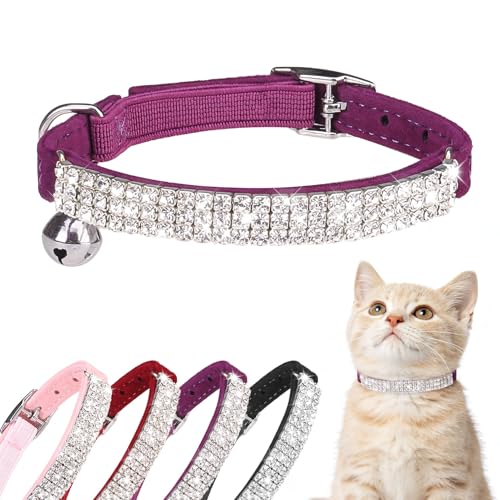 BINGPET Diamond Cat Collar with Bell,Adjustable Kitten Collar,Purple - color: Purple(Rhinestones), size: Neck Girth 8"-10"