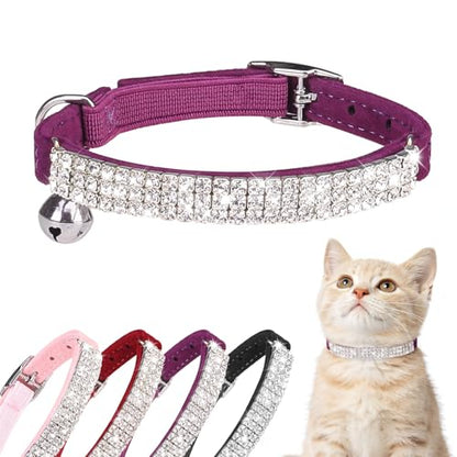 BINGPET Diamond Cat Collar with Bell,Adjustable Kitten Collar,Purple - color: Purple(Rhinestones), size: Neck Girth 8"-10"