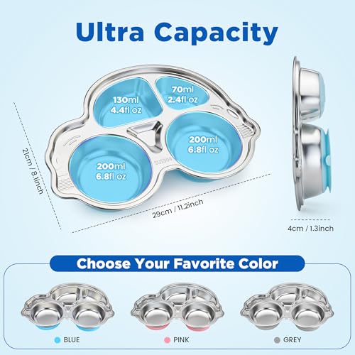 Stainles Steel Baby Suction Plate, Car Divided Toddler Plate Blue - color: Blue