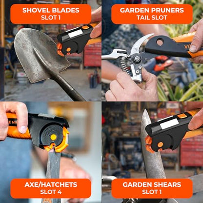 Orange Ninja 7-in-1 Garden Tool & Knife Sharpener- One Tool for Every Blade | Sharpens Axes, Hatchets, Machetes, Pruners & Shears in Minutes - Fits Your Camping Gear & Everyday Carry - Gift for Gardeners - size: Small
