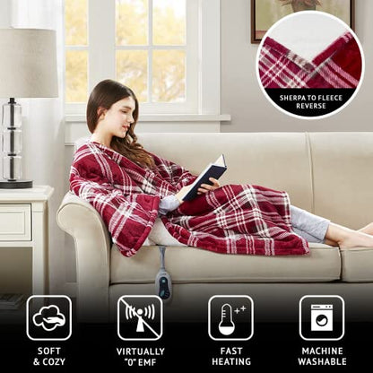 Beautyrest Wearable Electric Poncho Wrap Blanket, Ultra Soft Sherpa & Berber Fleece Heated Throw, UL Certified & OEKO-TEX, 3 Heat Settings & 2 Hour Auto Shutoff, Gift-Ready, 50" x 64", Red Plaid - color: Red Plaid, size: 50 in x 64 in