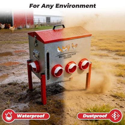 Automatic Chicken Feeder 50LBS Large Capacity, 8 Anti-Waste Ports Metal Poultry Feeder with Height Adjustable Stand, Waterproof Rodent Proof Feed Box with Lid Viewing Window for Hens Ducks Geese - size: 50LBS