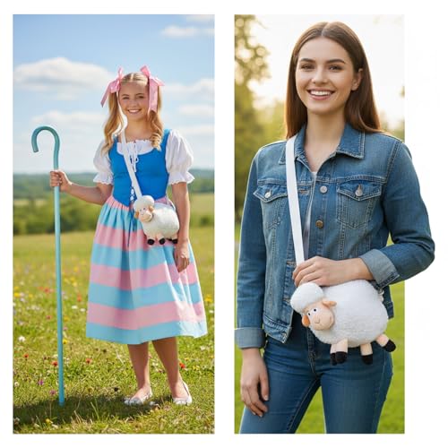 Adult Shepherdess Costume Set with Bonnet White Stockings With Blue Bow Plush Sheep Bag Shepherd's Crook (Bonnet+Stockings+Sheep Bag+Sheephook)