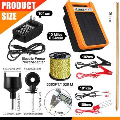 10 Miles Solar Electric Fence Kit Output 0.2 J 24/7 Day/Night Protection with Fence Charger Ground Rod Wire Insulator Rechargeable Solar Panel for Horse Cattle Cow Livestock