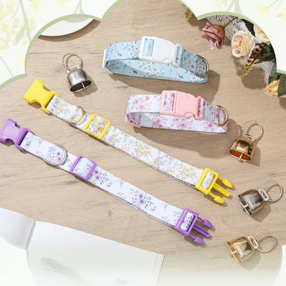 4 Pack Goat Collars with Bells Set, Adjustable Floral Pattern Nylon Sheep Collar, Loud Metal Grazing Bell, Quick Release Buckle for Lambs, Small Farm Animals, Herd ID, Pasture Tracking - style: Flower
