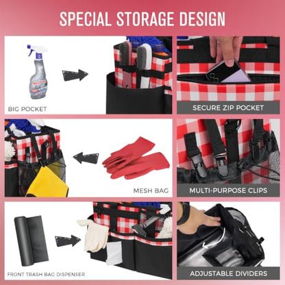 SCAVATA Wearable Cleaning Caddy, Cleaning Caddy Supplies Organizer with Handle & Shoulder Straps for Housekeepers, Under Sink & Car Cleaning Tool Organizers Bag with 4 Foldable Divider (RedPlaid) - color: RedPlaid