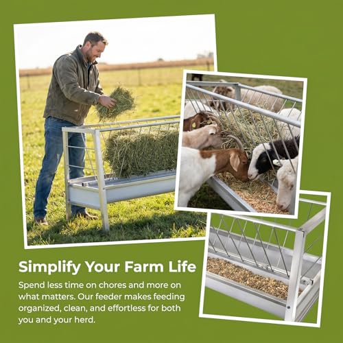 59" X 24" X 33.4" Goat Sheep Feeder, 95 Gallon Goat Hay Feeder, Livestock Hay Feeder with Grain Water Pan, Stainless Steel Frame Safe Rounded Edges, Livestock Feed Trough for Goats, Horses and Cattle