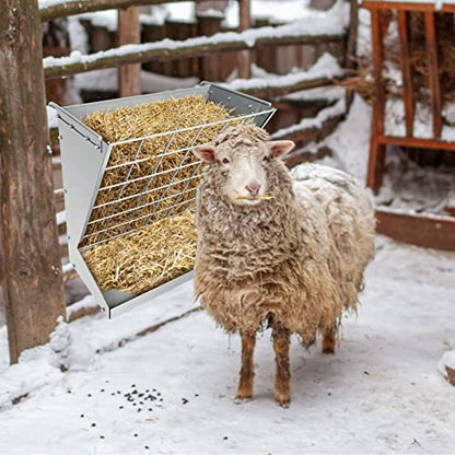 Wall Mount Hay Rack, Metal 2 in 1 Hay and Grain Feeder - color: Silver