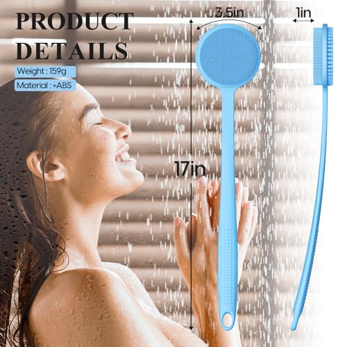 Silicone Back Scrubber for Shower, 17in Lengthen Long Handle Body Brush, Double Sided Shower Brush for Shower Exfoliating and Massage Can Produce Rich Foam, Long Handle Back Scrubber for Men - color: Blue