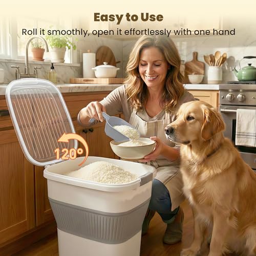HOYTAMDAR 50Lbs Collapsible Rice Container,Airtight Food Storage container | Rice Storage Container with Clear Lid,Rolling Wheels,Small Bin & Measuring Scoop,Rice Dispenser for Pet Food Rice Flour - color: Grey 50lbs