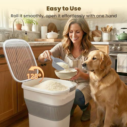 HOYTAMDAR 50Lbs Collapsible Rice Container,Airtight Food Storage container | Rice Storage Container with Clear Lid,Rolling Wheels,Small Bin & Measuring Scoop,Rice Dispenser for Pet Food Rice Flour - color: Grey 50lbs