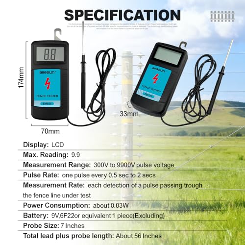 allsun Digital Electric Fence Voltage Tester and Fault Farm Finder, Fence Voltmeter/Grounding Tester LCD Display for 300V to 9.9kV Pulse, Fence Voltage Indicator Checker Farm Gardening Tool