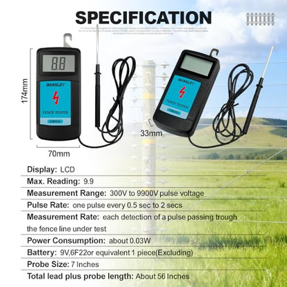 allsun Digital Electric Fence Voltage Tester and Fault Farm Finder, Fence Voltmeter/Grounding Tester LCD Display for 300V to 9.9kV Pulse, Fence Voltage Indicator Checker Farm Gardening Tool