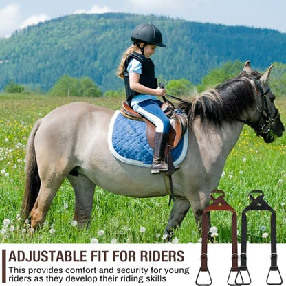 Simgoing Kids Western Stirrups Adjustable Nylon Straps Equestrian Safety Stirrups for Youth Riding Accessories, Height Below 140 cm - color: Black, Brown
