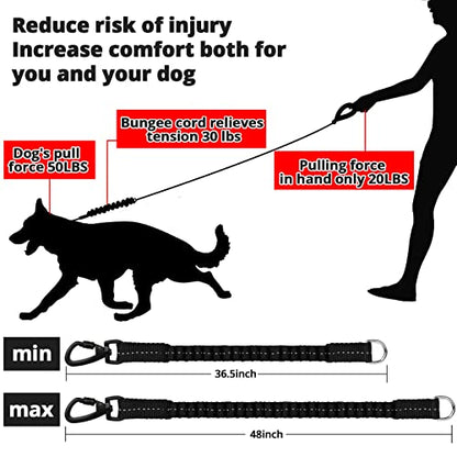 Rope Dog Leash 5 FT: Heavy Duty Leashes with Swivel Lockable Hook Reflective Threads Bungee and Padded Handle - Dog Lead for Large Small Medium Dogs Outside Walking Hiking Black - color: Black, size: 5ft*1/2''