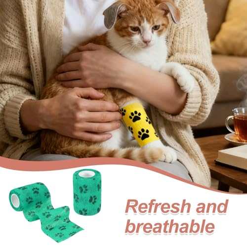 Pet Wrap Bandages, 3 Inch 5 Yard Self Adhesive Bandage Wrap, Pet Non-Woven Tape First Aid Cohesive Gauze, (Green/Paw, 2 Pcs), Intended for Dog/Cat/Bird/Legs/Paws/Wound - color: Green, size: 3 inch