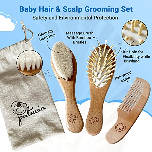 Infant Hair Brush and Comb Set for Newborns and Toddlers - Natural Wooden Hairbrush with Soft Goat Bristles for Cradle Cap - Perfect Scalp Grooming Massage for Baby Registry Gift