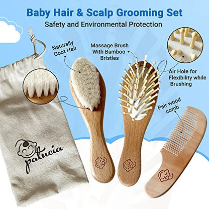 Infant Hair Brush and Comb Set for Newborns and Toddlers - Natural Wooden Hairbrush with Soft Goat Bristles for Cradle Cap - Perfect Scalp Grooming Massage for Baby Registry Gift
