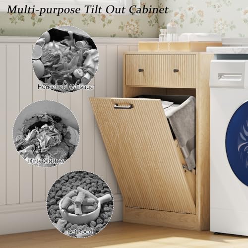 10 Gallon Tilt Out Trash Can Cabinet with Drawer, Hidden Trash Bin Storage & Laundry Hamper Cabinet, Pet Proof Trash Can Holder for Kitchen, Laundry Room & Bathroom, Oak - color: Oak