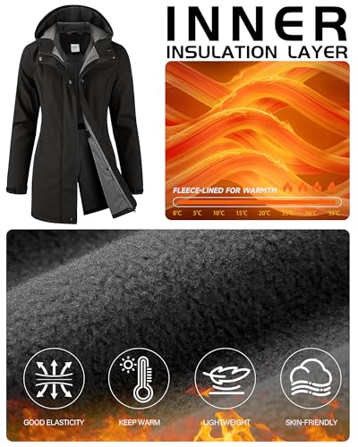 iCreek Women's Waterproof Softshell Rain Jacket Fleece Lined Hood Long Coat - color: Black, size: Small
