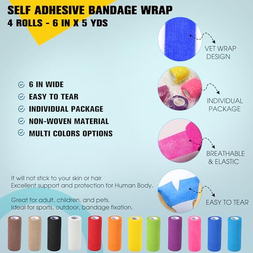 4 Pack Self Adhesive Bandage Wrap, 6 ln x 5 Yards Vet Wrap Tape, Black | Non-Woven Self Adherent Cohesive Bandage for Thumb, Finger, Wrist, Knee, Ankle - color: Black