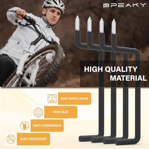 8.46" Screw in Ladder Hooks, 4 Pack Garage Hooks | Black Steel Wall Mount Tool Holders for Bike, Ladder, Folding Chair, Cord, Garden Tools, 65 lb Capacity - size: 8.46'' (Width:2'')