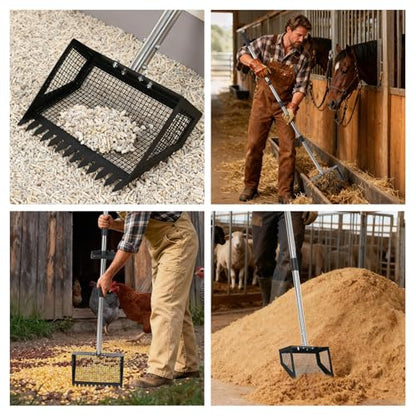 Heavy Duty Chicken Coop Poop Scooper and Rake 2-in-1 – 15'' Wide Metal Sifting Shovel, Adjustable 24''-68.8'' Ergonomic Handle – Farm and Garden Manure Cleaning Tool, Black-Sprayed, 38x26x175cm