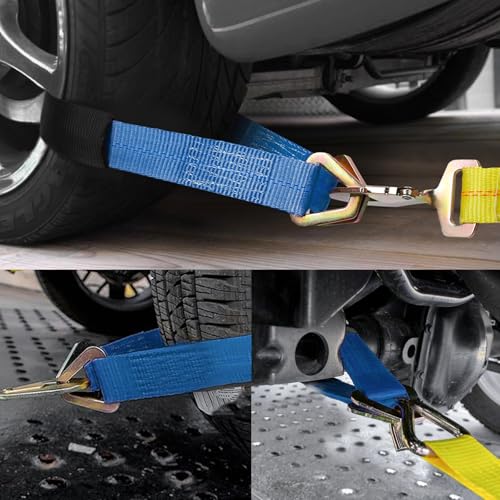 2" × 29" Premium Axle Tie Down Strap with D Rings, Heavy Duty Car Tire Wheel Tie-Down with Protective Sleeve, 6614 Lbs Adjustable Axle Tow Strap for Securing Vehicle Transport (Blue) - color: Blue