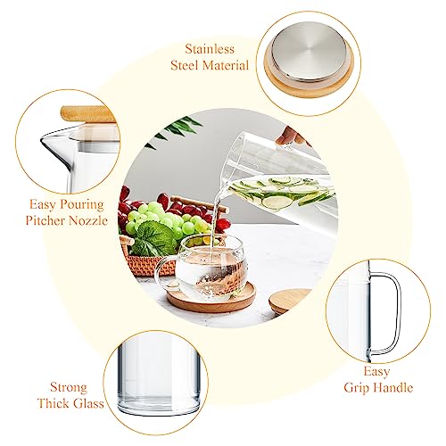 Hsei 2 Sets Glass Pitcher with Lid, 50 oz / 1500 ml Water Carafe with Handles Hot Cold Beverage Water Jar Glass Jug for Tea Juice Milk Coffee Iced Beverage - color: Bamboo Lid, size: 1.5l