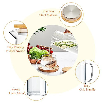 Hsei 2 Sets Glass Pitcher with Lid, 50 oz / 1500 ml Water Carafe with Handles Hot Cold Beverage Water Jar Glass Jug for Tea Juice Milk Coffee Iced Beverage - color: Bamboo Lid, size: 1.5l