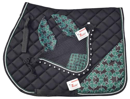 St. Patrick's Day Saddle Pad Set with Matching Ear Bonnet – Shamrock Horse Saddle Blanket & Fly Veil – Lucky Green Equestrian Set for Riding, Shows & Events
