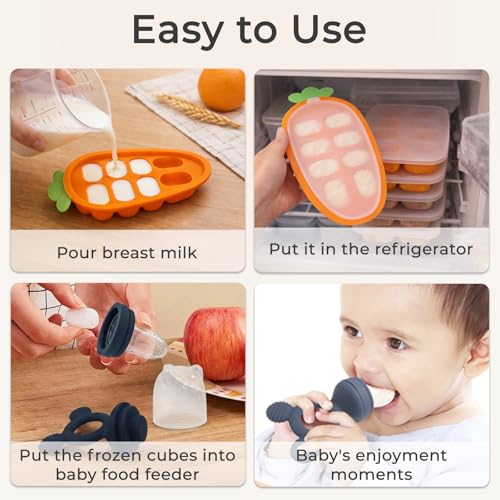 Baby Fruit Feeder 2 Pack with Freezer Tray, 4 Silicone Pouches in 3 Sizes, Breastmilk Popsicle Mold, Food Feeder Pacifier and Silicone Teether for Teething Relief, 4+ Months - color: Blue&Green