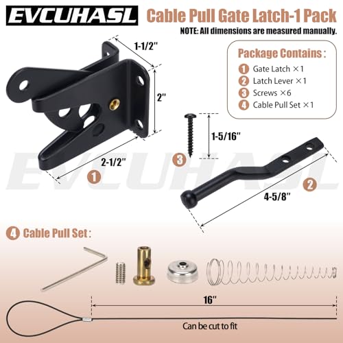 Self Locking Gate Latch with Spring Cable Pull, Heavy Duty Automatic Gravity Lever Gate Fence Door Latches for Wooden Fence/Vinyl Door/Outdoor Secure Pool/Garden, Black-1 Pack