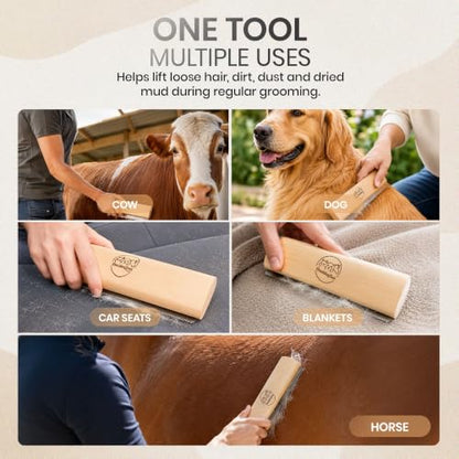 10 Inch Horse Grooming Shedding Tool with Wooden Handle, Stainless Steel Deshedding Comb for Horses, Dogs and Livestock, Pet Hair Removal Brush, Curry Comb, Coat Rake for Loose Hair, Dirt and Mud