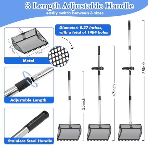 Chicken Poop Scooper Rake 2-in-1,304 Stainless Steel Shovel Head, Chicken Litter Scoop with Handle for Chicken Coop for Sand, Pet Waste Cleaning, Litter Sifting Shovel (35 to 65") (Black, 12inch) - color: Black