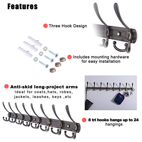 Dseap Coat Rack Wall Mount - 29.5” Long 8-Tri-Hooks Heavy Duty Coat Hanger Rail Wall Hooks for Hanging Coats Hats Clothing Clothes Purse Mudroom Entryway, Bronze - color: Bronze, size: L=29.5” (1 Pcs)