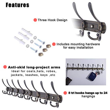Dseap Coat Rack Wall Mount - 29.5” Long 8-Tri-Hooks Heavy Duty Coat Hanger Rail Wall Hooks for Hanging Coats Hats Clothing Clothes Purse Mudroom Entryway, Bronze - color: Bronze, size: L=29.5” (1 Pcs)