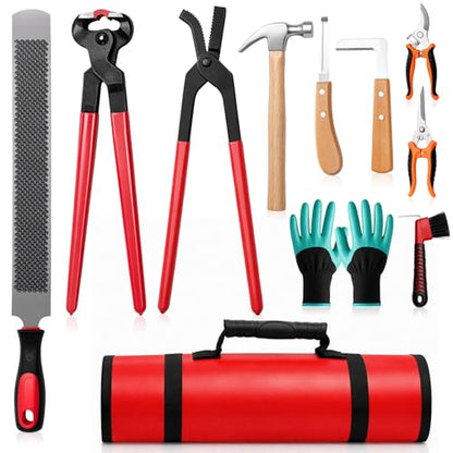 11 Pcs 14 Inch Farrier Tools Kit Horse Shoeing Tools Hoof Trimming Set with Storage Bag for Horses Cattle Sheep and Donkeys
