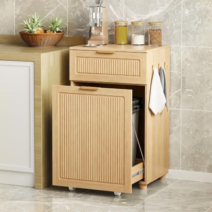 Freestanding Pull Out Trash Can Cabinet with Drawer & Side Hooks,Pet Proof Hidden Waste Bin Storage Cabinet Fits 7 10 13 Gallon Trash Cans for Kitchen Laundry Room Bathroom (Trash Can Cabinet - Oak) - color: Trash Can Cabinet - Oak