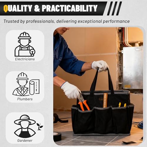 Canvas Tool Tote Bag, Heavy Duty 16oz Waxed Canvas Tool Storage Pouch with 1 Large Compartment & 10 Small Pockets | Multi-Purpose Garden Tool Bag for Horticulturists Mechanics Craftsmen – Black - color: Black