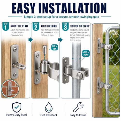 1-3/8 Inch Wall Mount Gate Hinges for Chain Link Fence, Farm and Yard Gates - size: 2 Pack