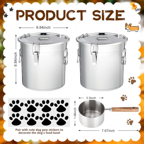 Lounsweer 2 Pack Stainless Steel Dog Food Storage Container with Lid and Locking Clamp Metal Airtight Container Large Stainless Steel Bucket with Food Scoop for Pet Feed(12 L) - size: 12 L