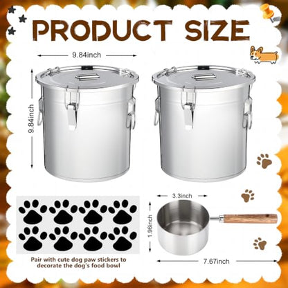 Lounsweer 2 Pack Stainless Steel Dog Food Storage Container with Lid and Locking Clamp Metal Airtight Container Large Stainless Steel Bucket with Food Scoop for Pet Feed(12 L) - size: 12 L