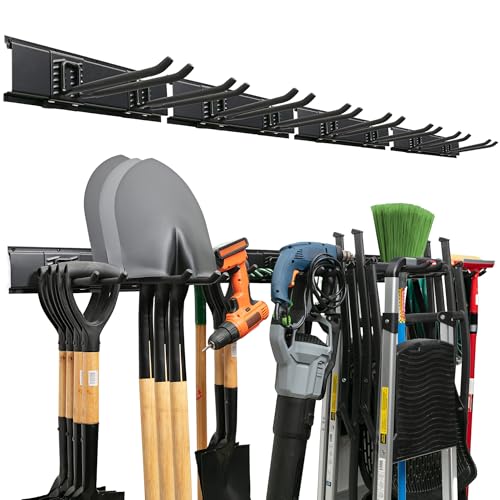 TIDYME Garage Tool Organizer Wall Mount, 64", 4 Racks 8 Hooks, 400 lbs | 400 lbs, anti-rust carbon steel, garden tool organizer & storage rack for garage organization, shovels, rakes & tools - size: 64" Carbon Steel with 4 Racks & 8 Hooks