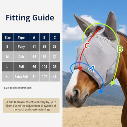 Adjustable Horse Fly Mask with Ears, UV Protection Mesh Fly Mask for Horse, Comfortable No Nose Design, Fits Average & Large Horse, Ideal as UV Fly Mask for Horses Against Insect Pests