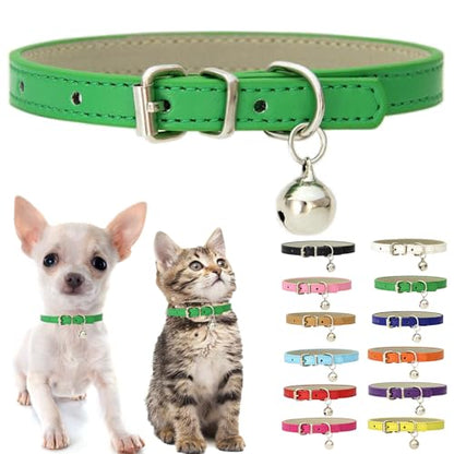 Green Cat Collar with Bell, Soft Pu Leather Small Puppy Dog Collars Medium - color: Green, size: M for Neck 12"-14.5"